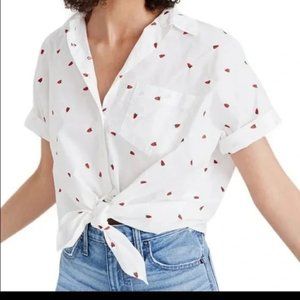 Madewell Strawberry Embroidered Front Tie Camp Shirt Sz Small
